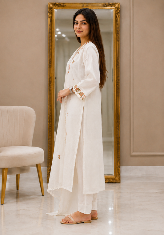 Title: Ivory Bloom Embroidered Kurti Set