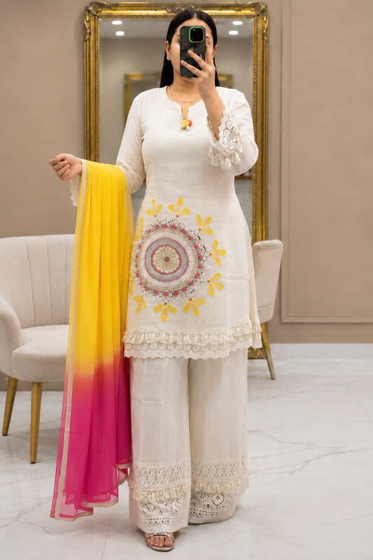 Ivory Embroidered Kurta Set with Ombre Dupatta