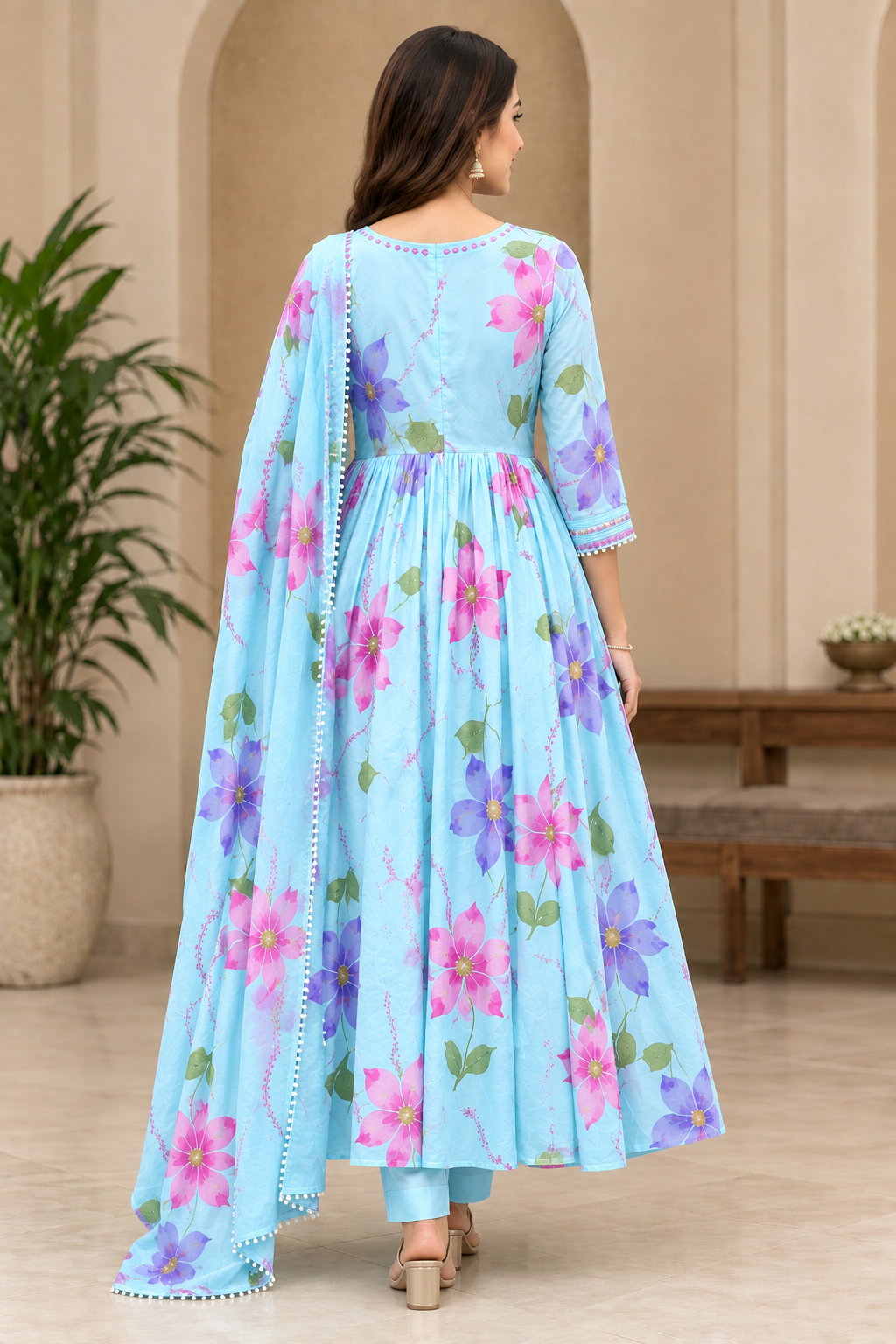 Women’s Pastel Blue Floral Anarkali Kurti with Dupatta | Elegant Ethnic Wear