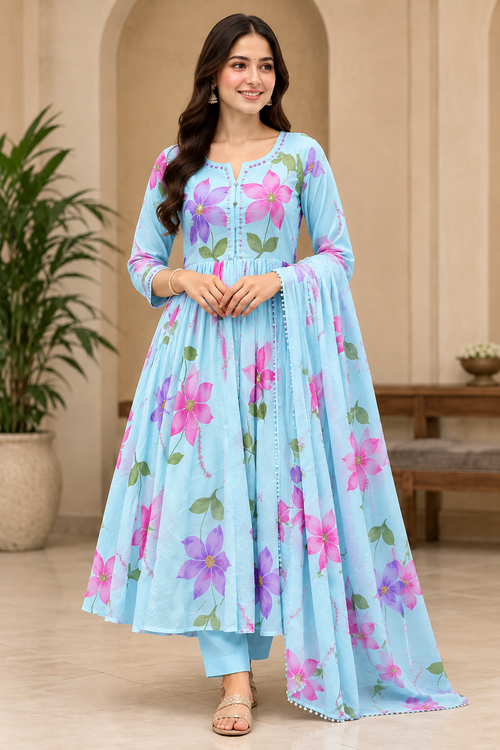 Women’s Pastel Blue Floral Anarkali Kurti with Dupatta | Elegant Ethnic Wear