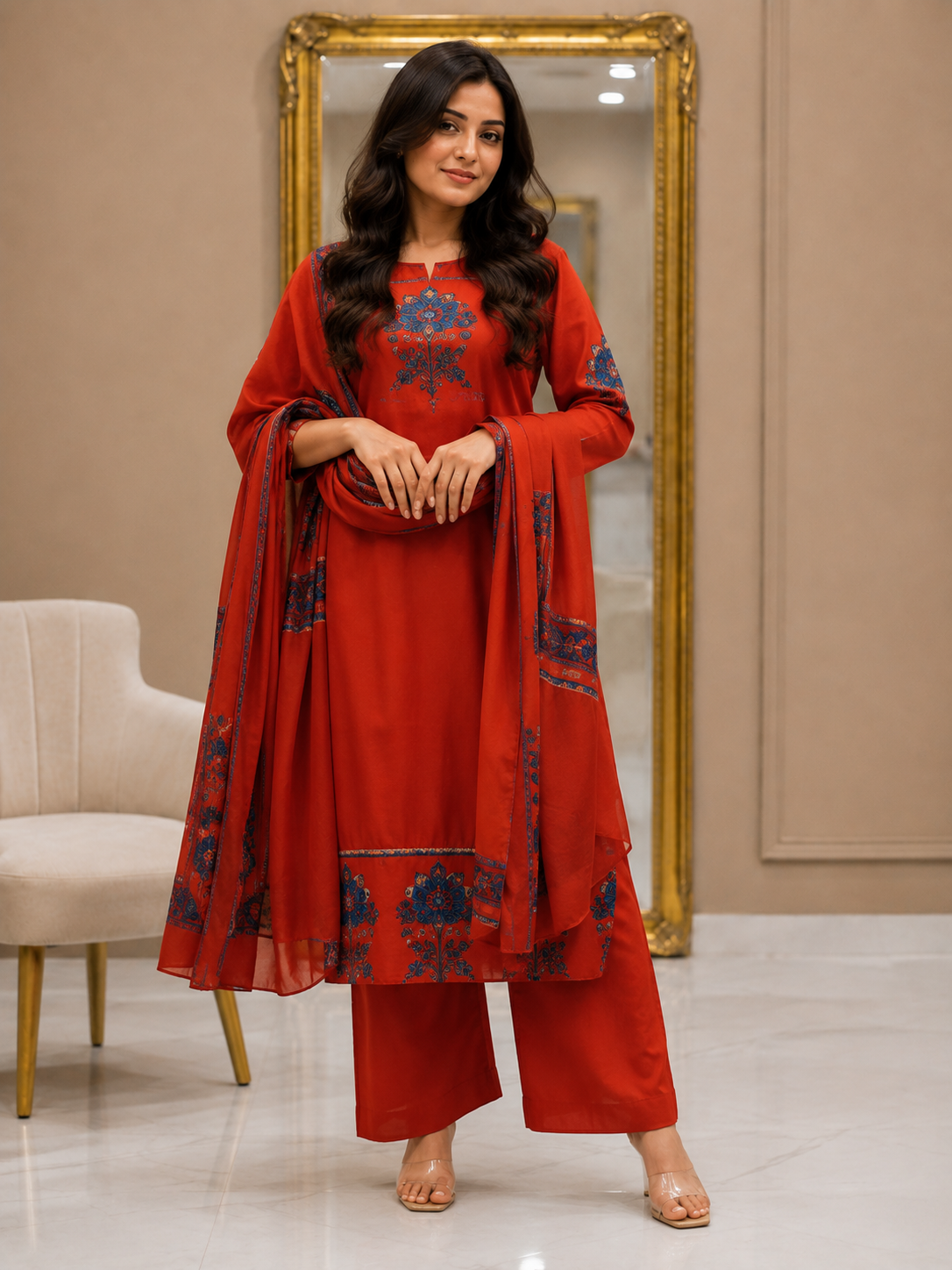 Elegant Red Printed Kurta Set with Matching Dupatta