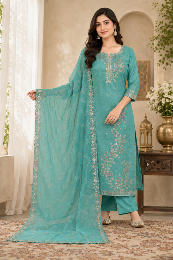 Teal Blue Unstitched suit set by RAJEE
