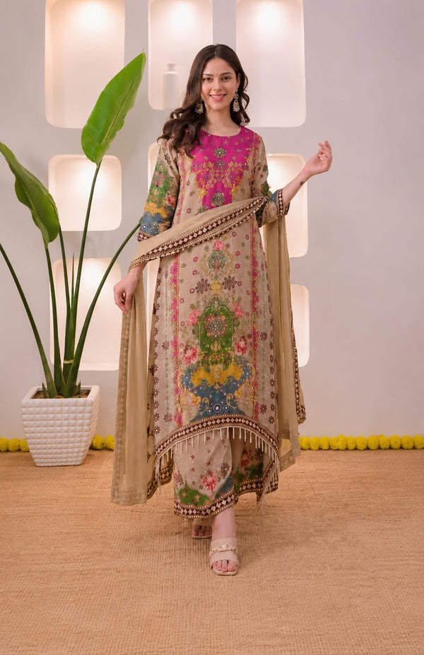 Beige & Magenta Embroidered suit set by RAJEE