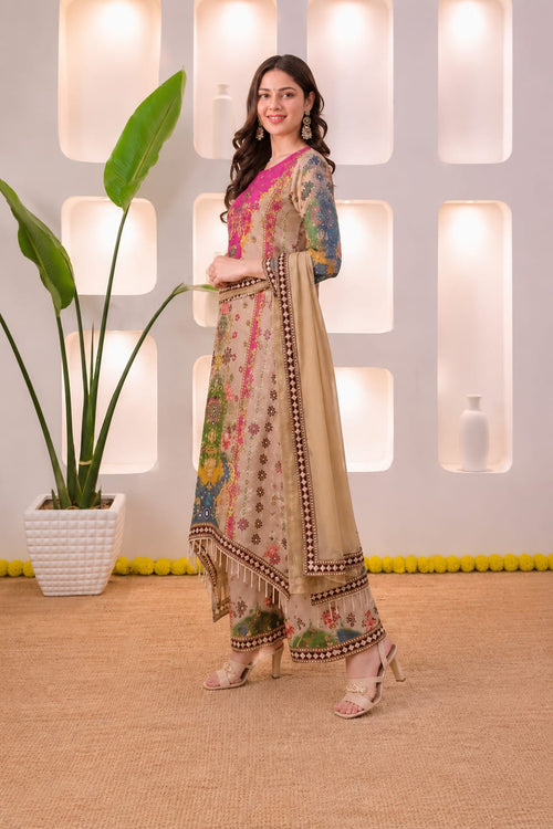 Elegant Beige & Magenta Viscose Embroidered Suit Set