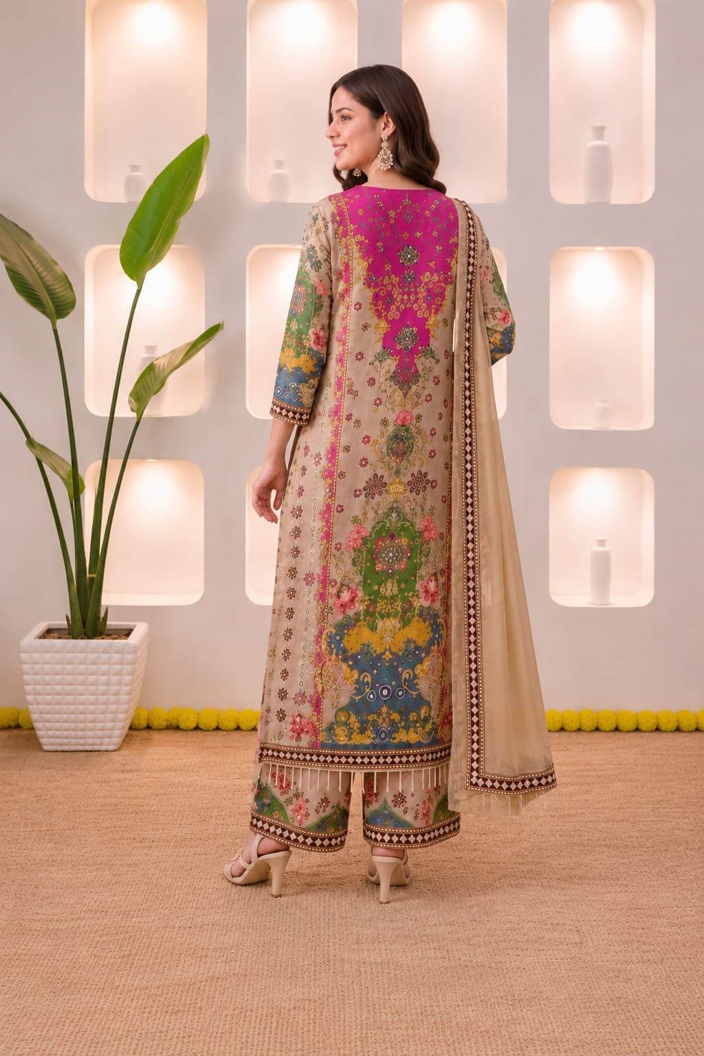 Elegant Beige & Magenta Viscose Embroidered Suit Set