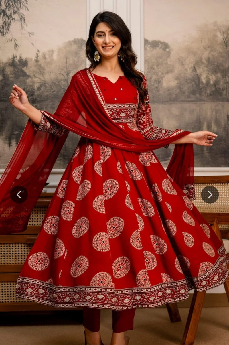 Red Printed Viscose Rayon Anarkali Kurta Set with Dupatta