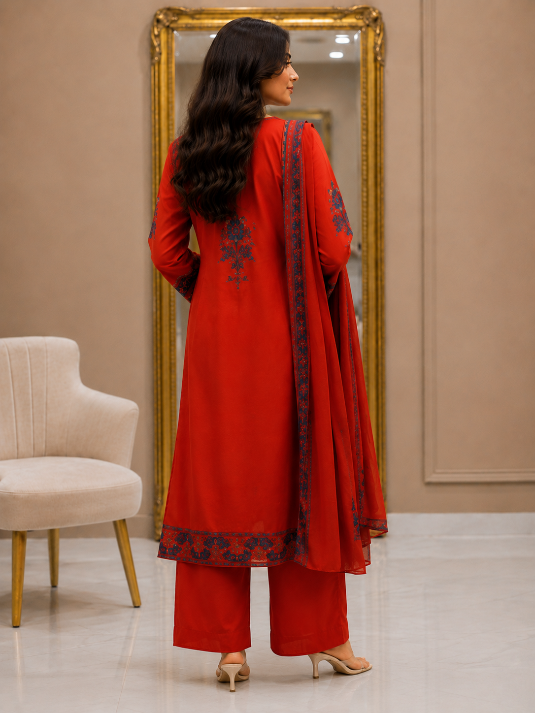 Elegant Red Printed Kurta Set with Matching Dupatta