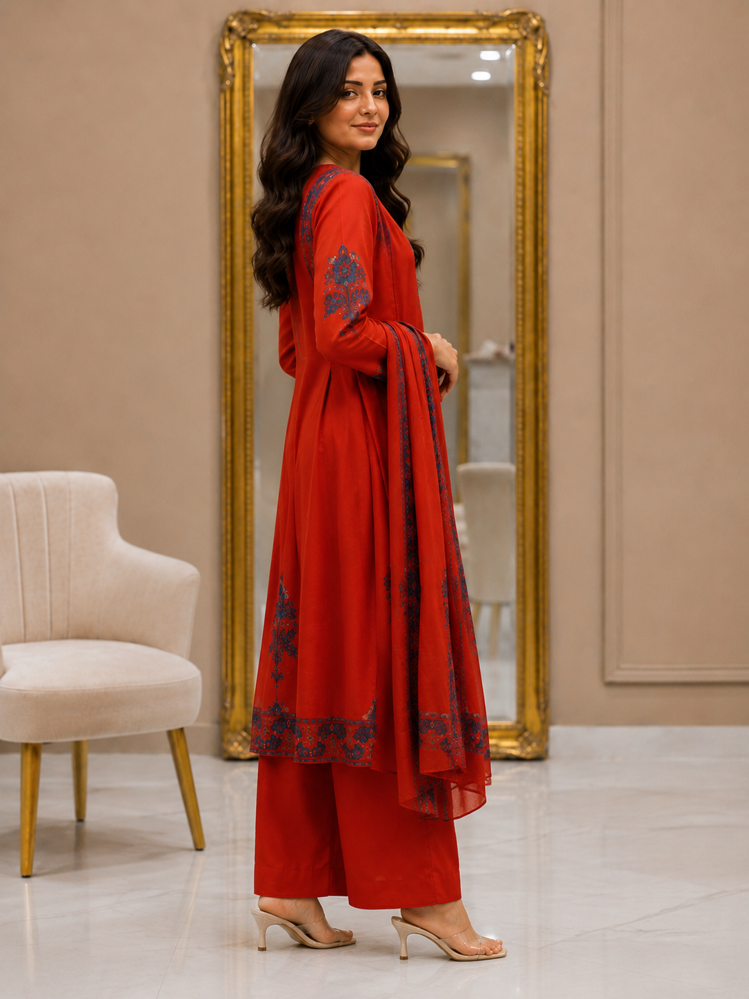Elegant Red Printed Kurta Set with Matching Dupatta