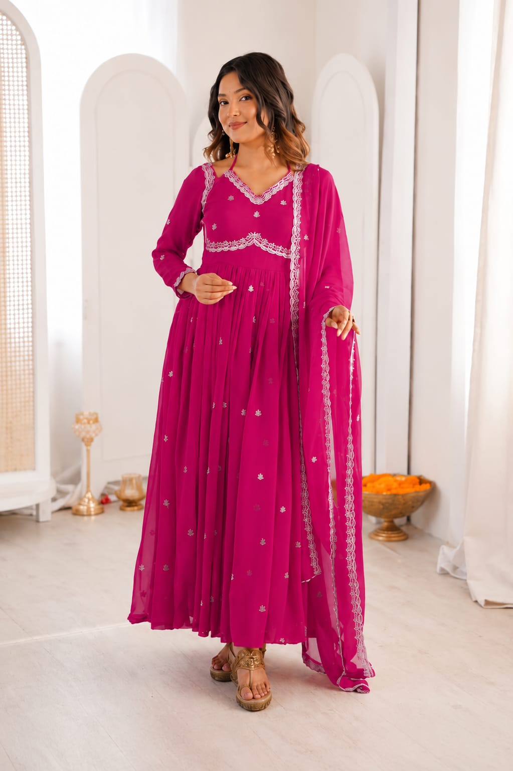 Elegant Magenta Anarkali Kurti Set with Embroidered Dupatta