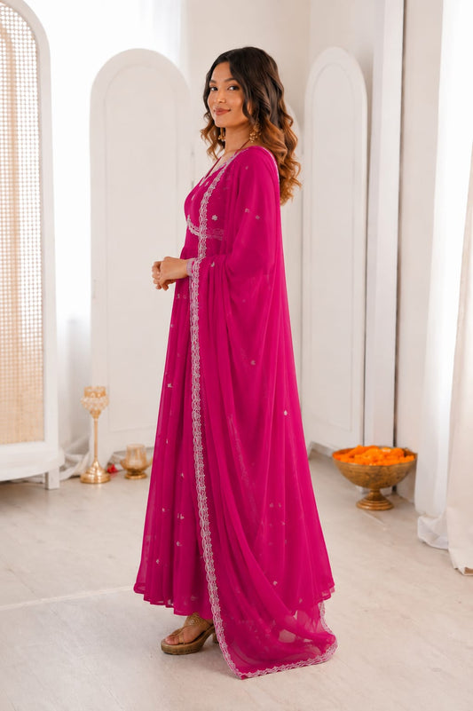 Elegant Magenta Anarkali Kurti Set with Embroidered Dupatta