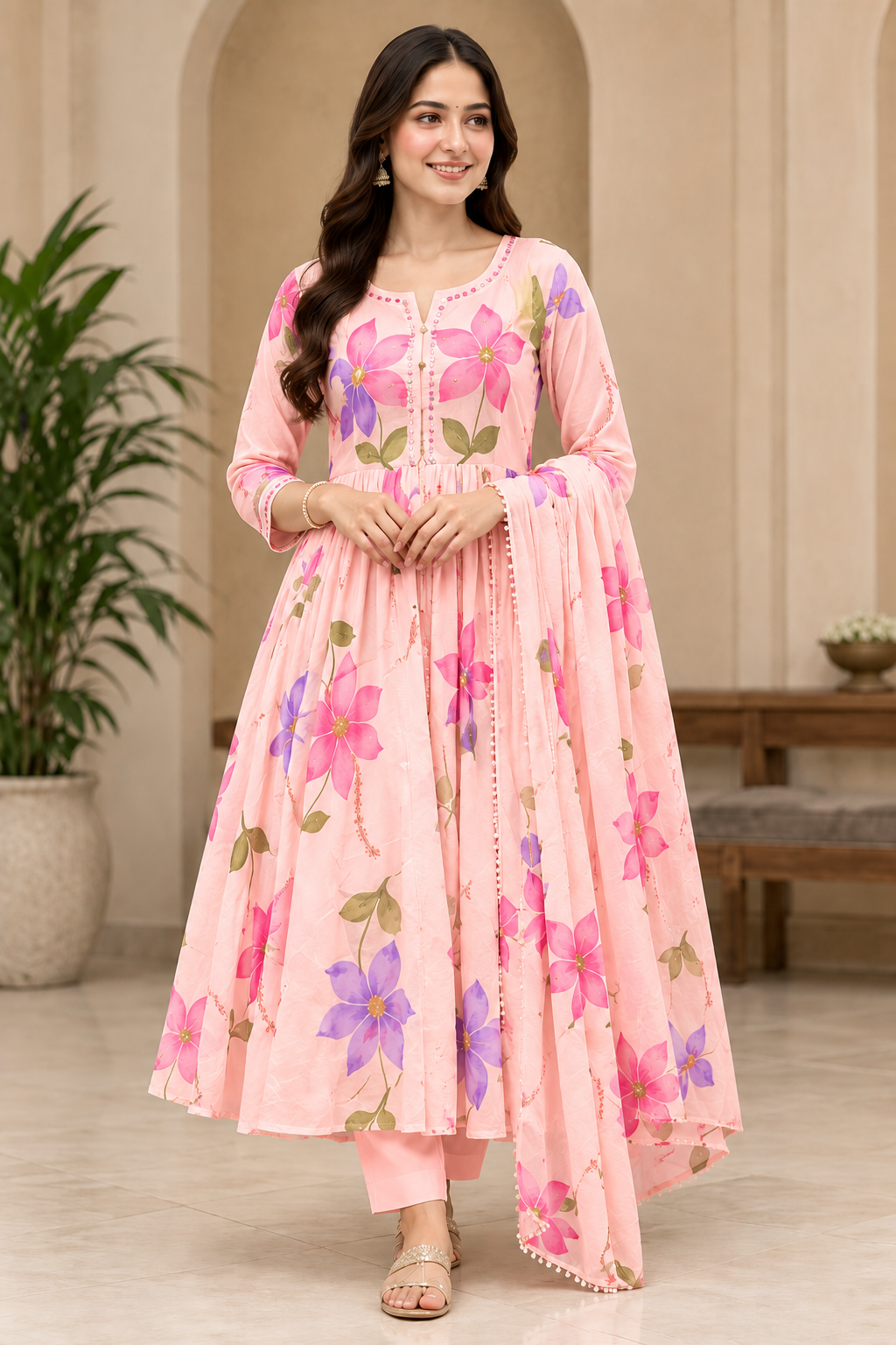 🌸 Women’s Pink Floral Anarkali Kurti with Dupatta | Elegant Ethnic Wear