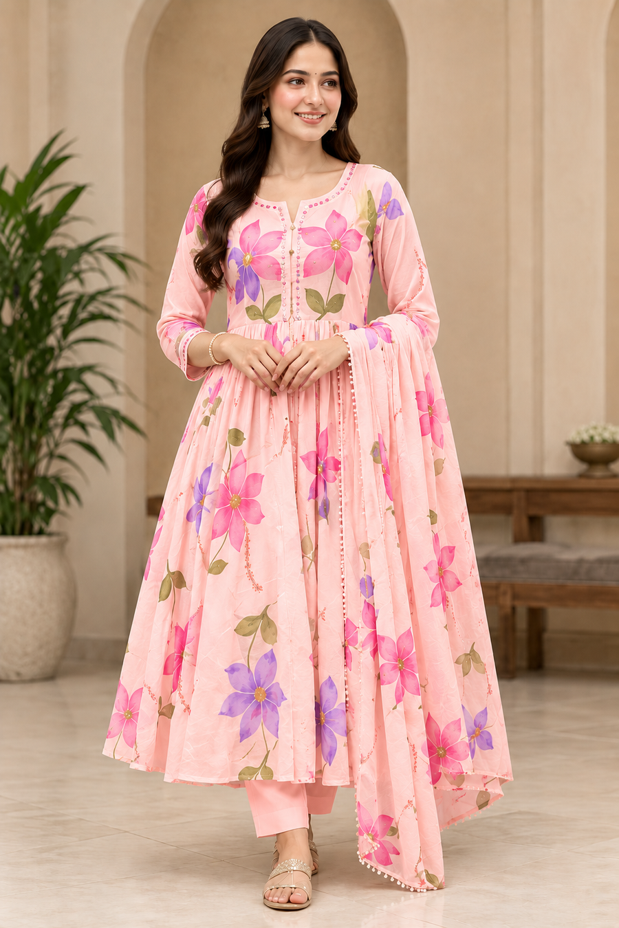 Pink floral Anarkali kurti with dupatta, view 1