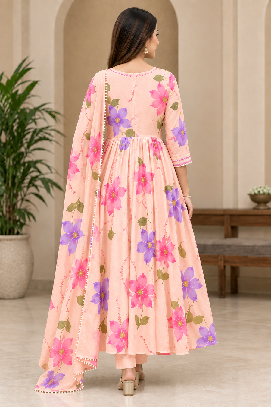 Pink floral Anarkali kurti with dupatta, view 2
