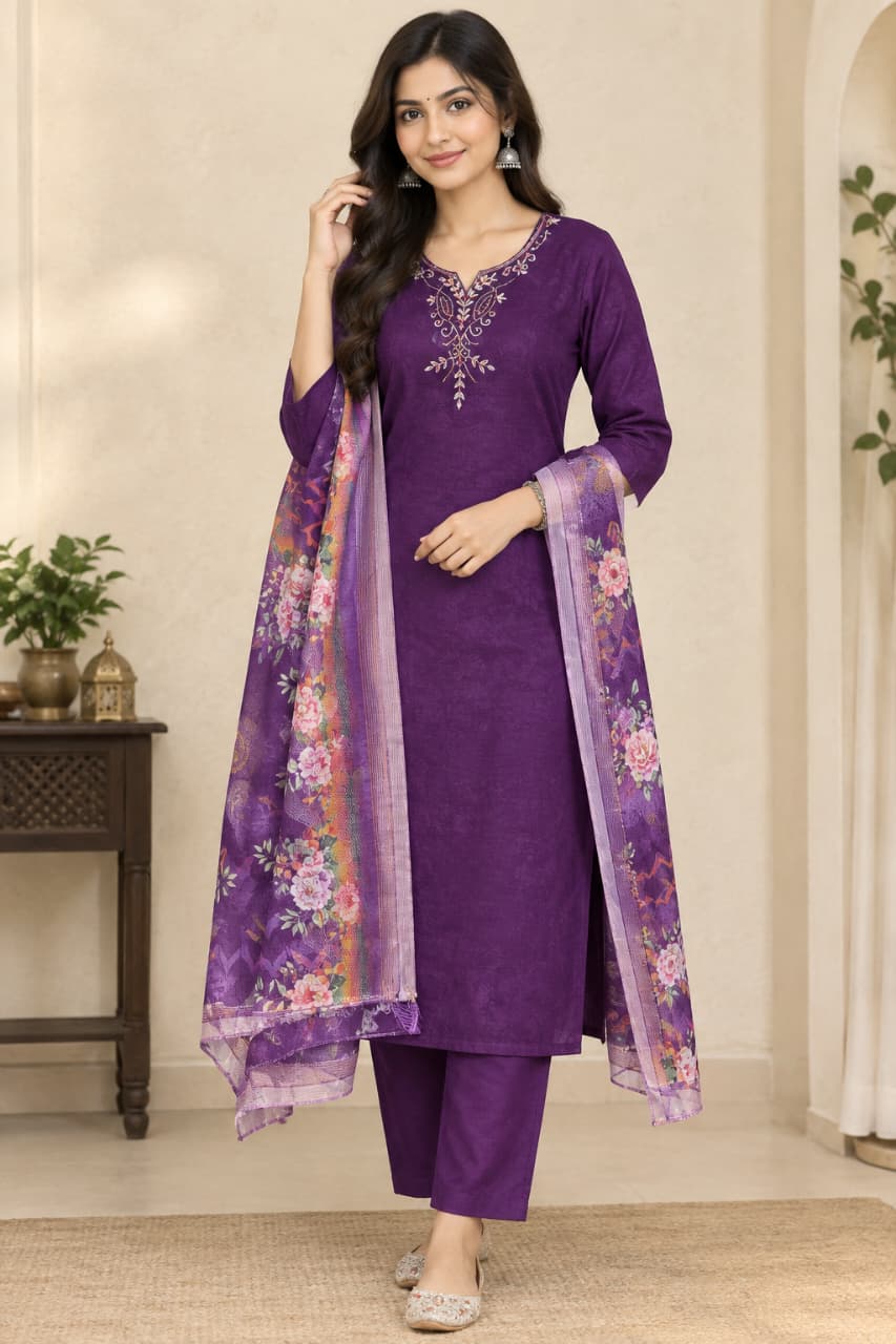 Elegant Royal Purple Embroidered Kurta Set with Floral Dupatta