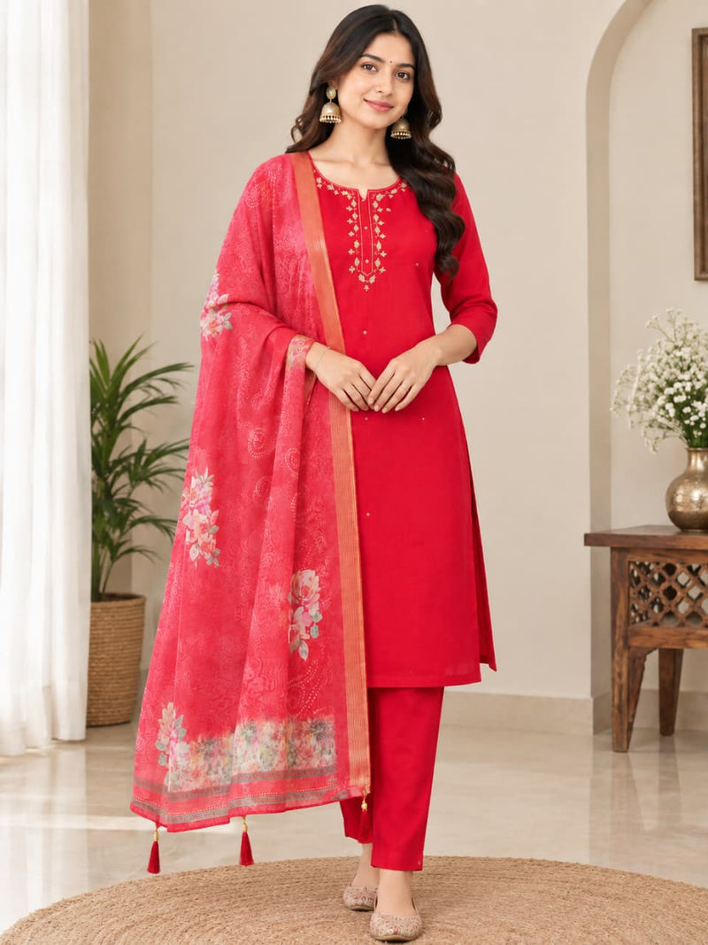 Red Embroidered Kurta Pant Set with Golden Zari, Sequin & Beads Work