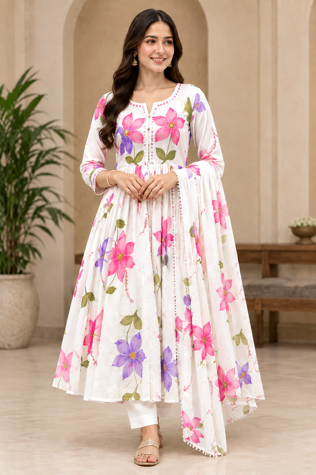 Women’s White Floral Anarkali Kurti with Dupatta | Elegant Ethnic Wear