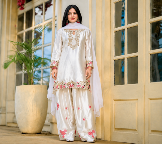 Elegant Ivory Satin Embroidered Kurti Set with Floral Detailing
