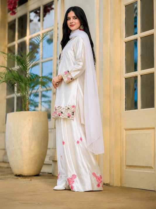 Elegant Ivory Satin Embroidered Kurti Set with Floral Detailing