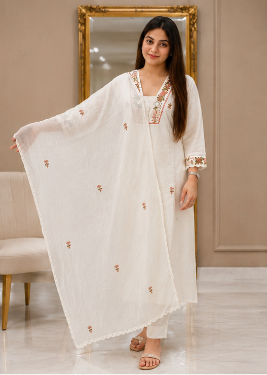 Title: Ivory Bloom Embroidered Kurti Set
