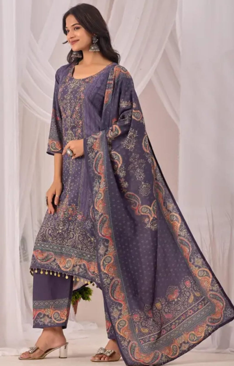 Purple Kashmiri Printed & Mirror Work Salwar Suit Set with Dupatta