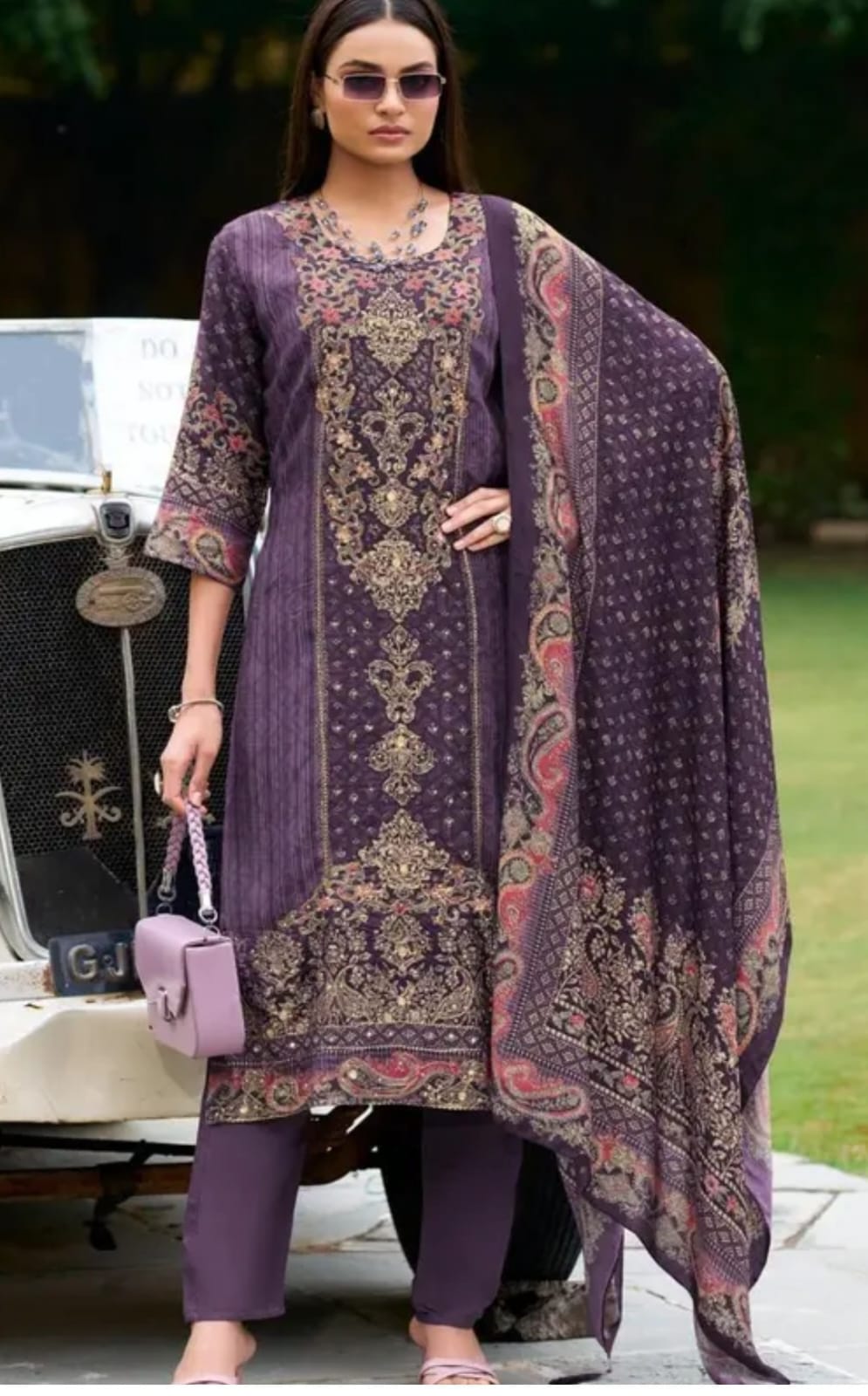 Elegant Purple Kashmiri Printed & Mirror Work Salwar Suit Set with Dupatta