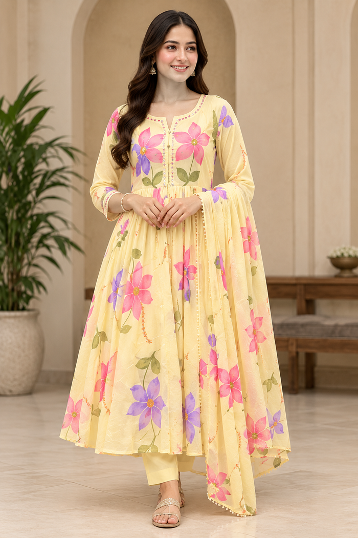 Yellow floral Anarkali kurti