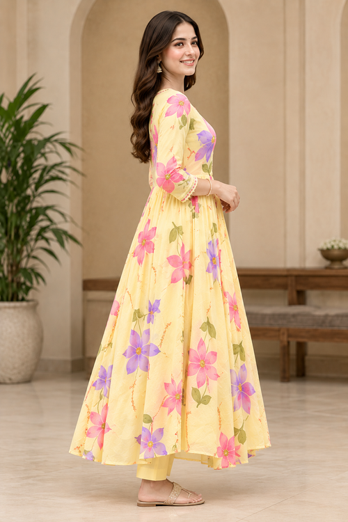 Women’s Yellow Floral Anarkali Kurti with Dupatta | Elegant Ethnic Wear