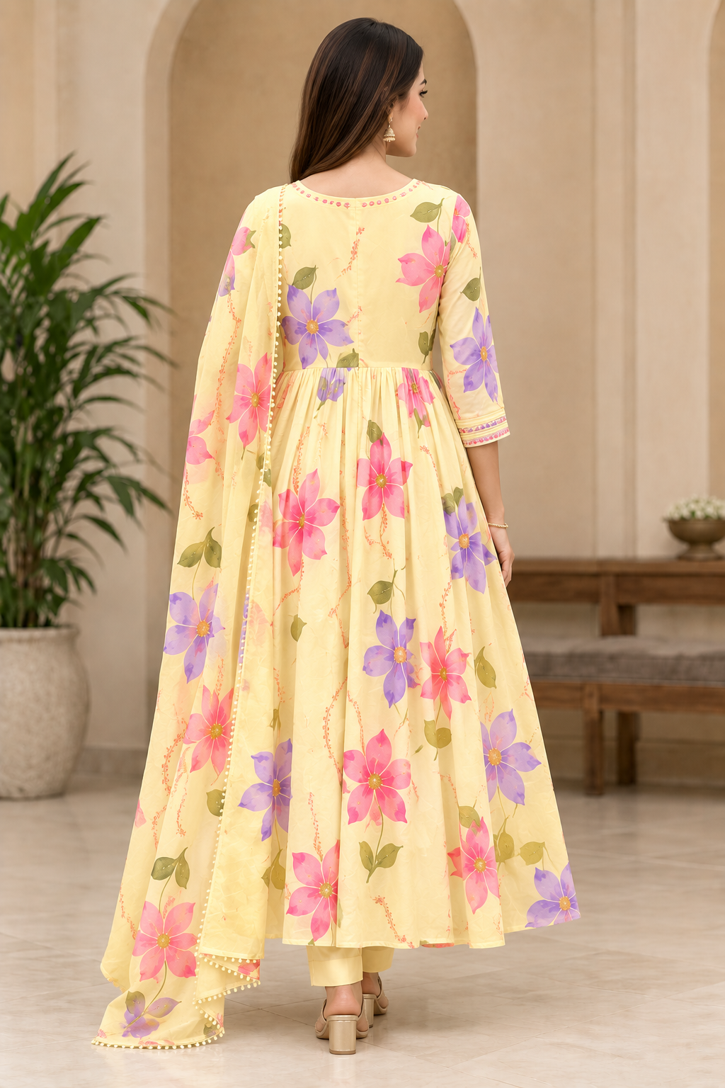 Women’s Yellow Floral Anarkali Kurti with Dupatta | Elegant Ethnic Wear